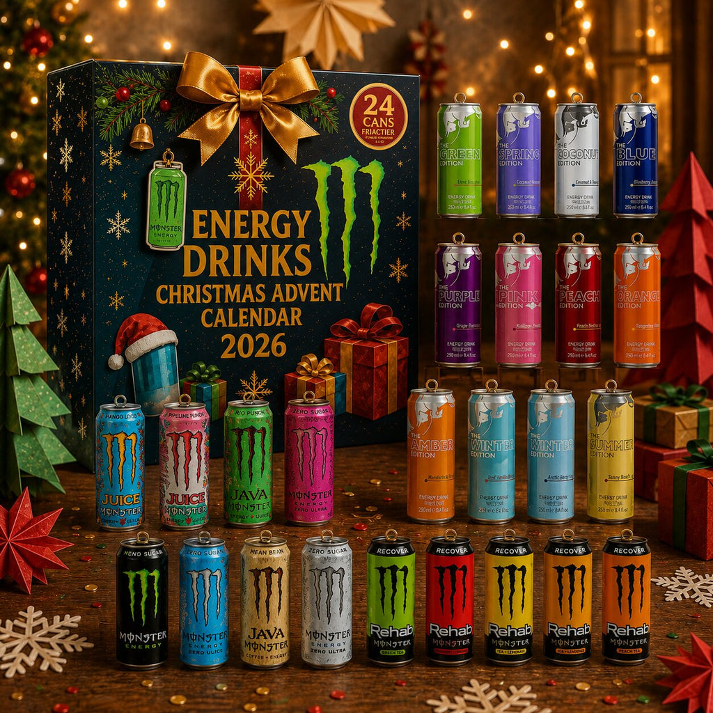 Black 2026 Christmas energy drink advent calendar box with festive artwork and 24 cans