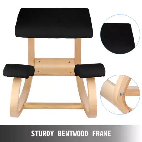 Ergonomic kneeling chair with black cushions and curved light wood-tone frame