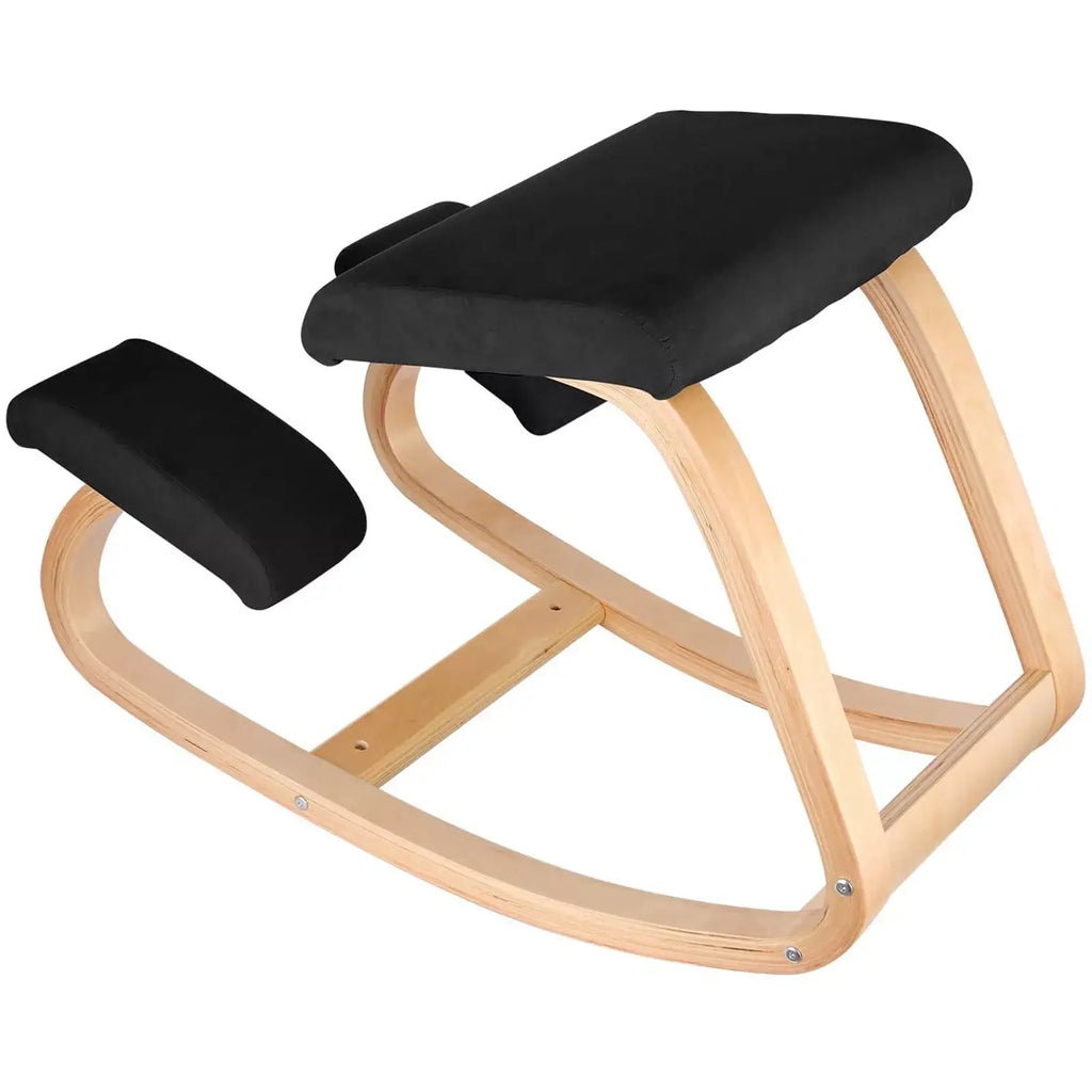 Ergonomic kneeling chair with black cushions and curved light wood-tone frame