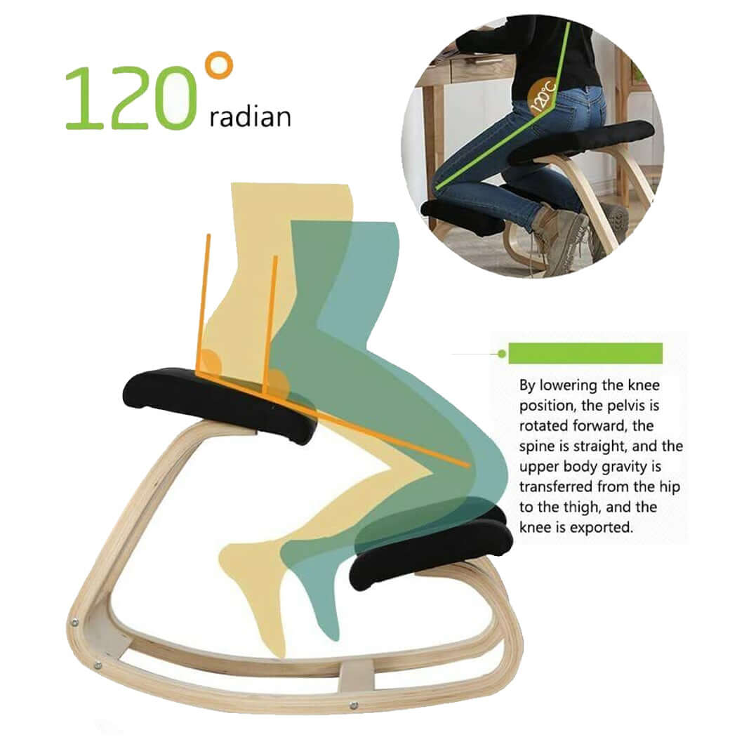 Ergonomic kneeling chair with black cushions and curved light wood-tone frame