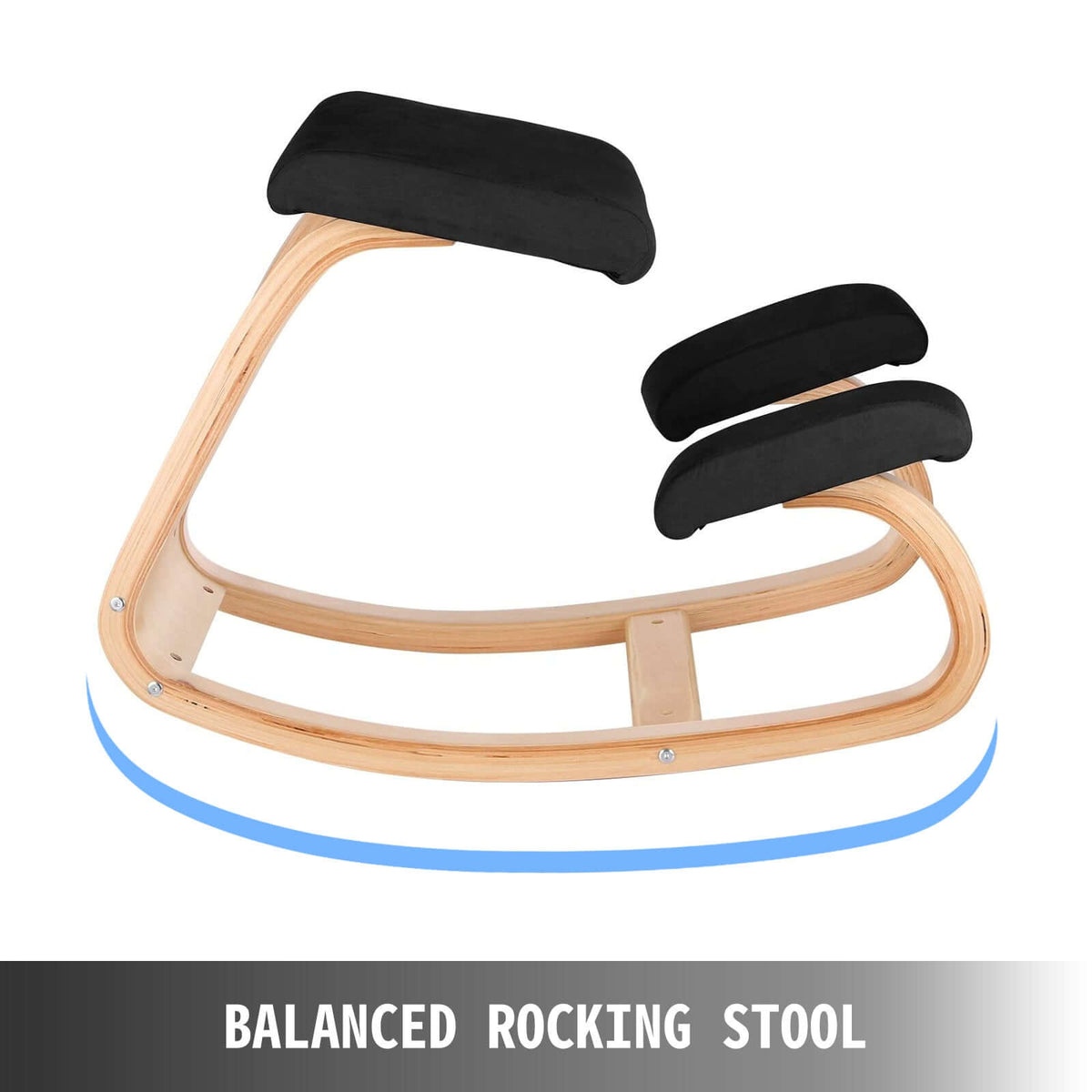 Ergonomic kneeling chair with black cushions and curved light wood-tone frame