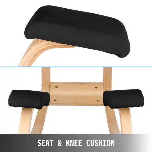 Ergonomic kneeling chair with black cushions and curved light wood-tone frame