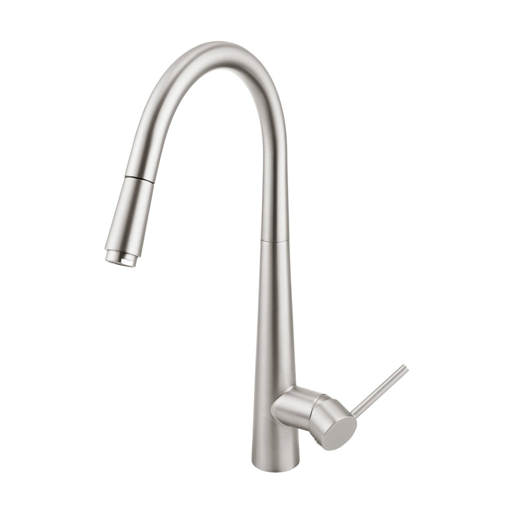 Brushed nickel pull out kitchen sink mixer tap with curved gooseneck spout