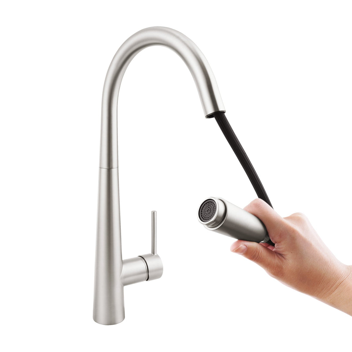 Brushed nickel pull out kitchen sink mixer tap with curved gooseneck spout