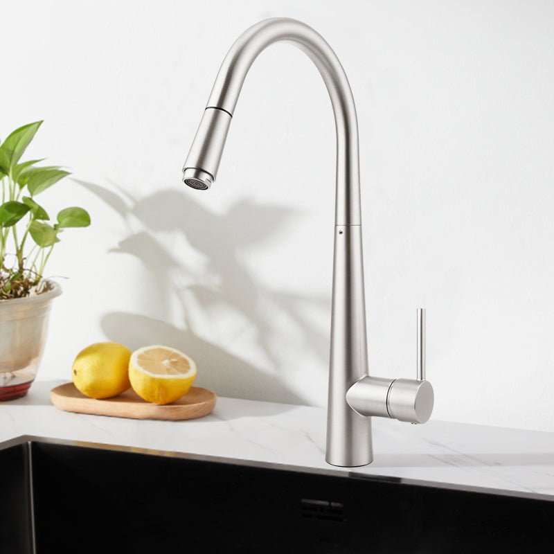 Brushed nickel pull out kitchen sink mixer tap with curved gooseneck spout