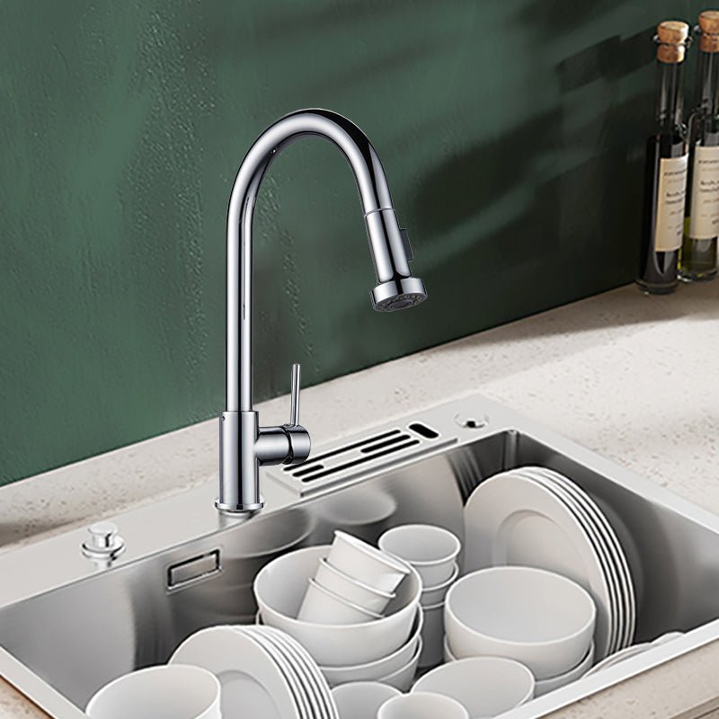 Chrome pull-out kitchen sink mixer tap with curved spout and side lever