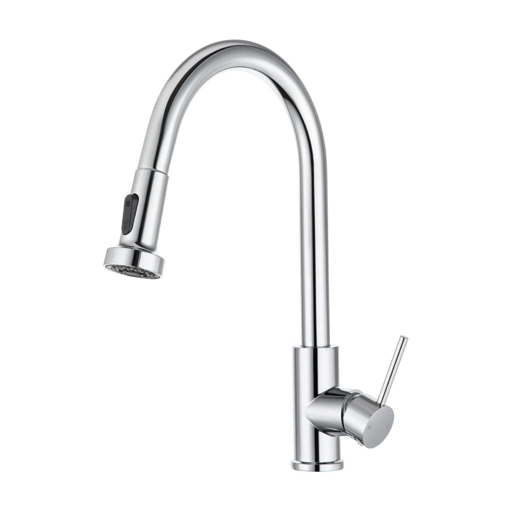 Chrome pull-out kitchen sink mixer tap with curved spout and side lever