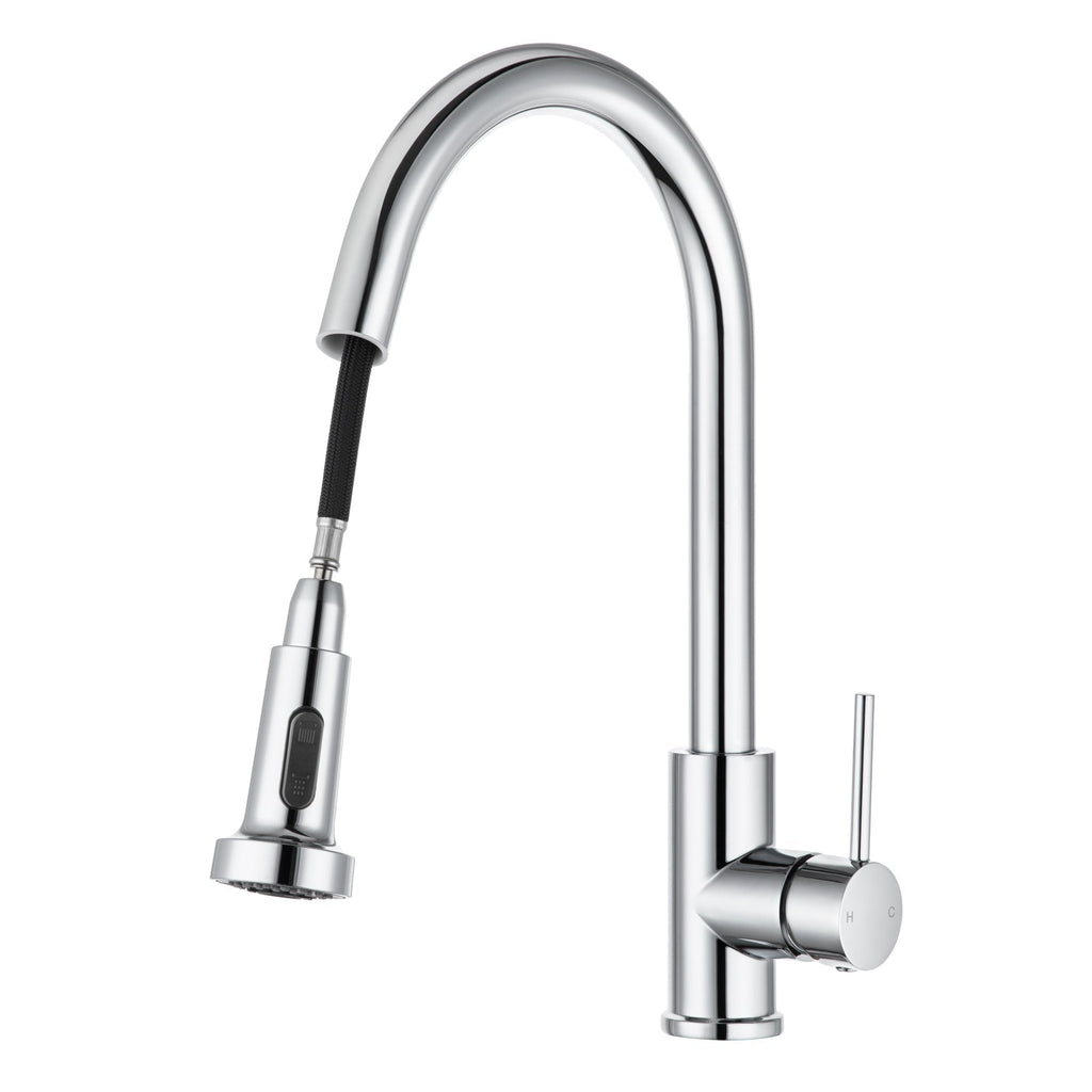 Chrome pull-out kitchen sink mixer tap with curved spout and side lever