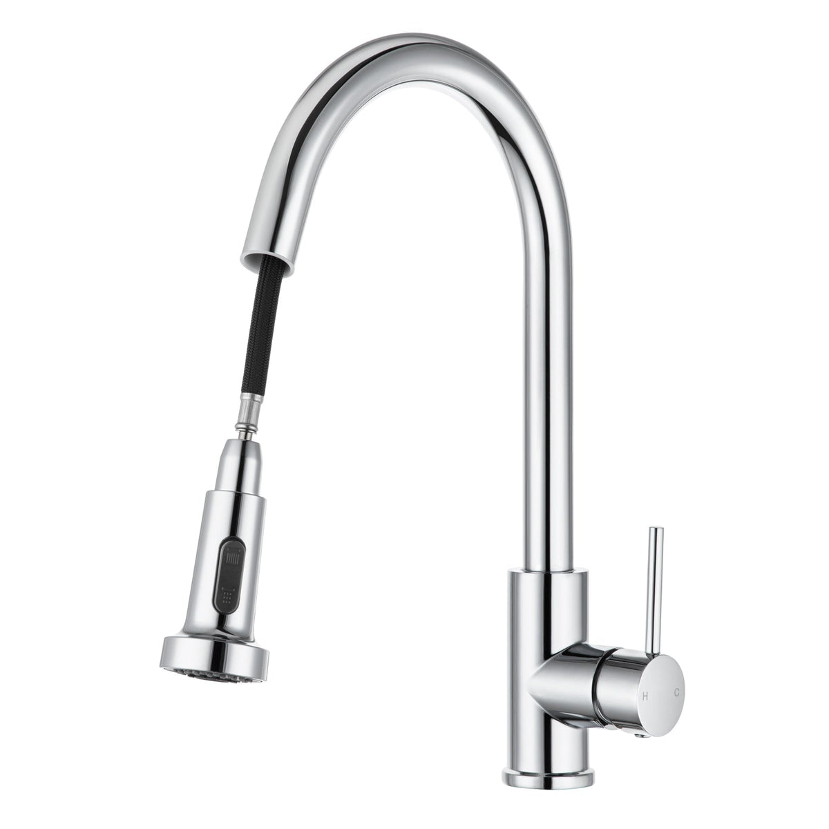 Chrome pull-out kitchen sink mixer tap with curved spout and side lever