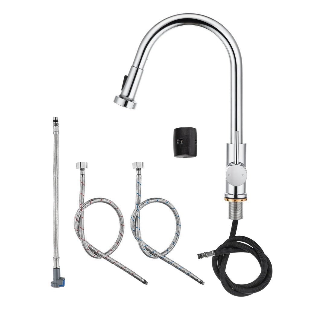 Chrome pull-out kitchen sink mixer tap with curved spout and side lever