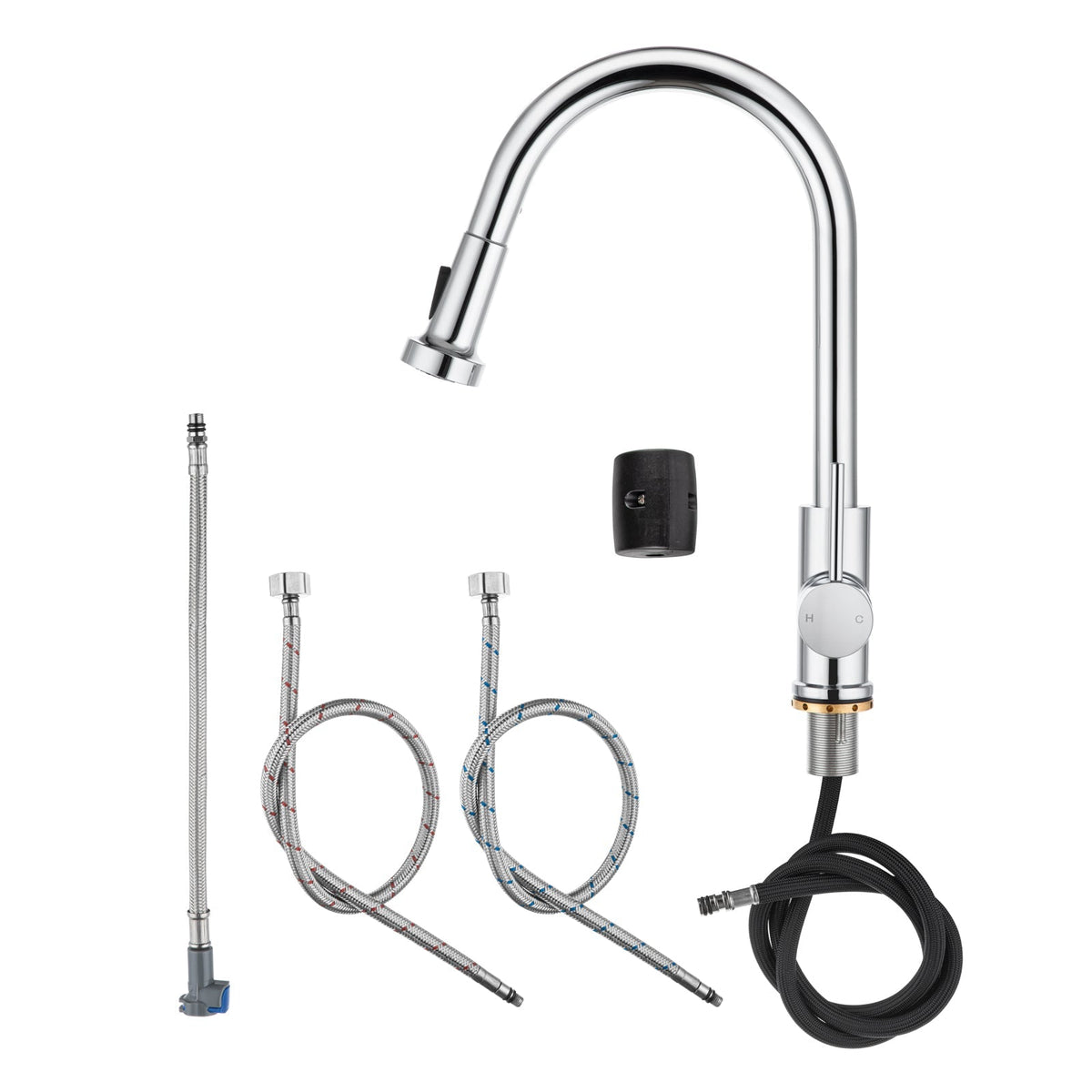 Chrome pull-out kitchen sink mixer tap with curved spout and side lever