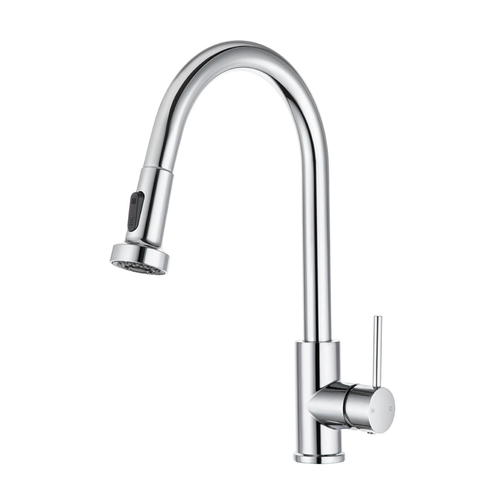 Chrome pull-out kitchen sink mixer tap with curved spout and side lever