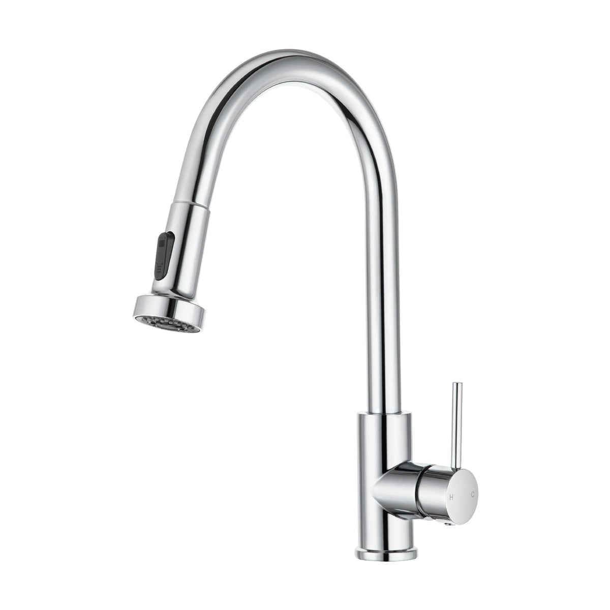 Chrome pull-out kitchen sink mixer tap with curved spout and side lever