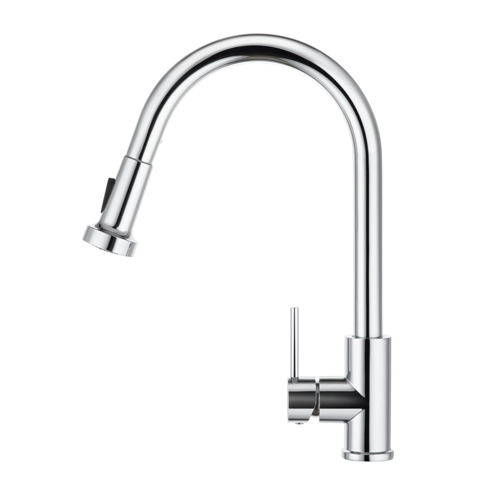 Chrome pull-out kitchen sink mixer tap with curved spout and side lever