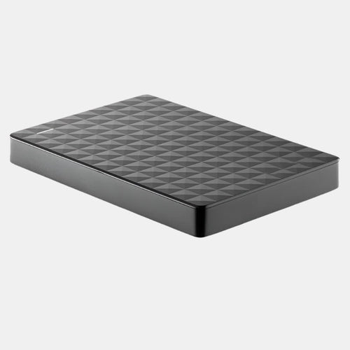Black portable external hard drive with geometric patterned top