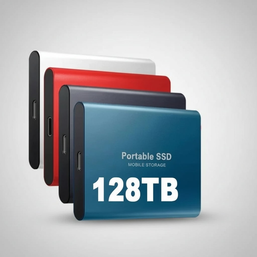 Portable external SSD drives with USB ports and 128TB markings