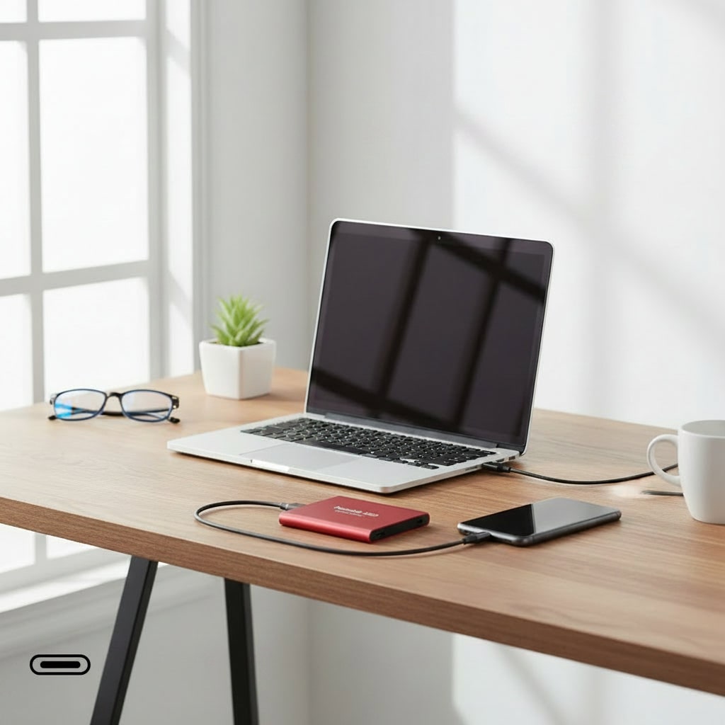Portable external SSD drives with USB ports and 128TB markings