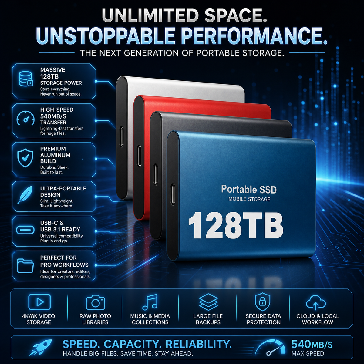 Portable external SSD drives with USB ports and 128TB markings