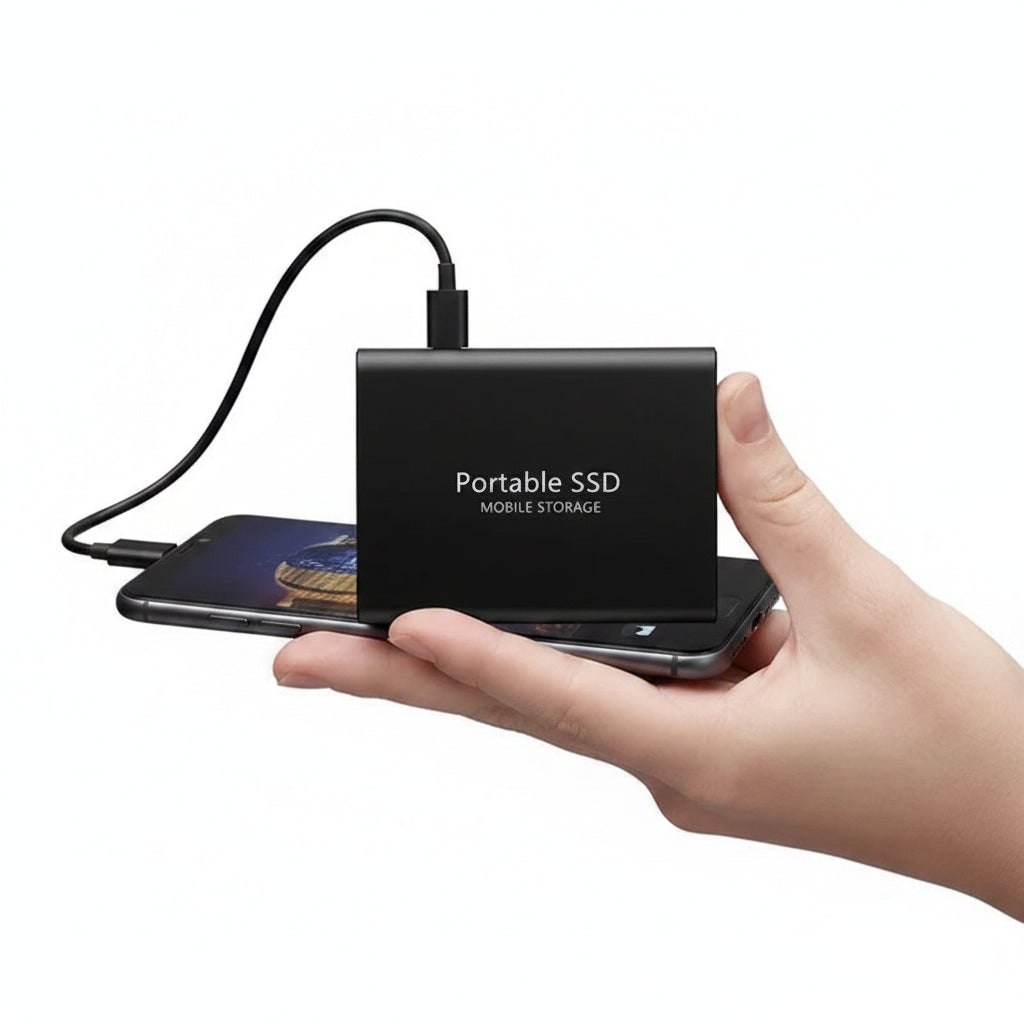 Portable external SSD drives with USB ports and 128TB markings