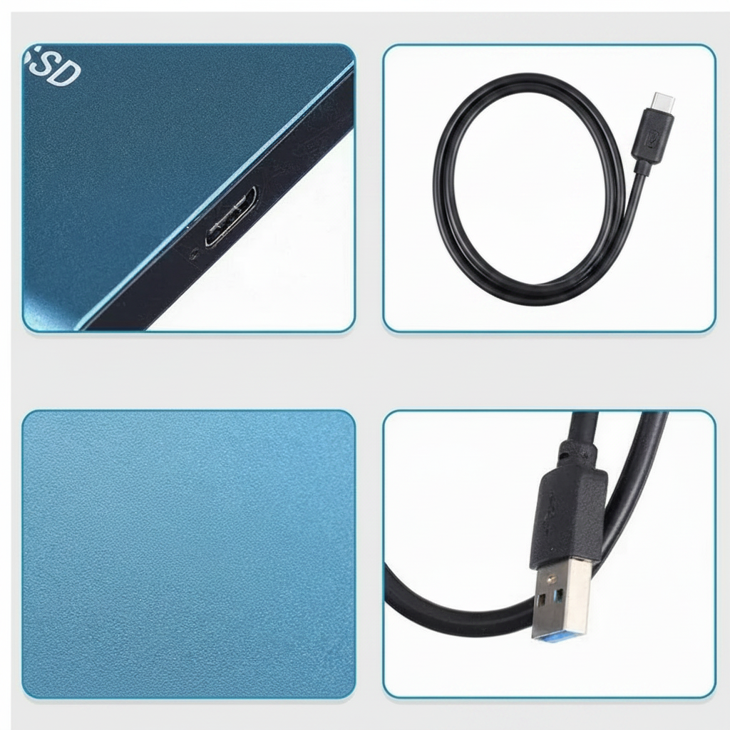 Portable external SSD drives with USB ports and 128TB markings