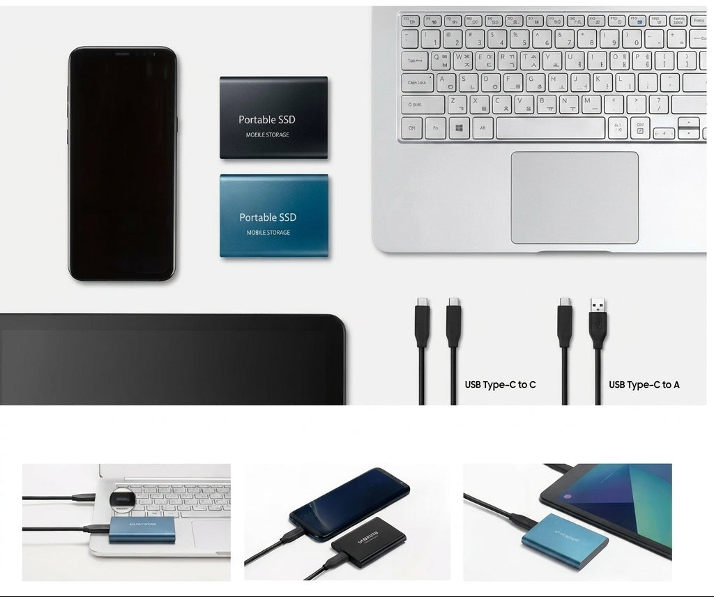 Portable external SSD with USB cable for laptop storage