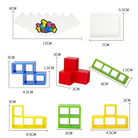Colourful Tetris-style blocks arranged on a white balancing stand