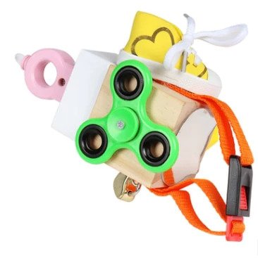 Busy cube activity toy with wood-effect panels, spinner, bell and moving parts
