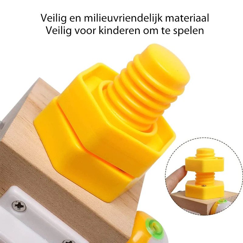 Busy cube activity toy with wood-effect panels, spinner, bell and moving parts