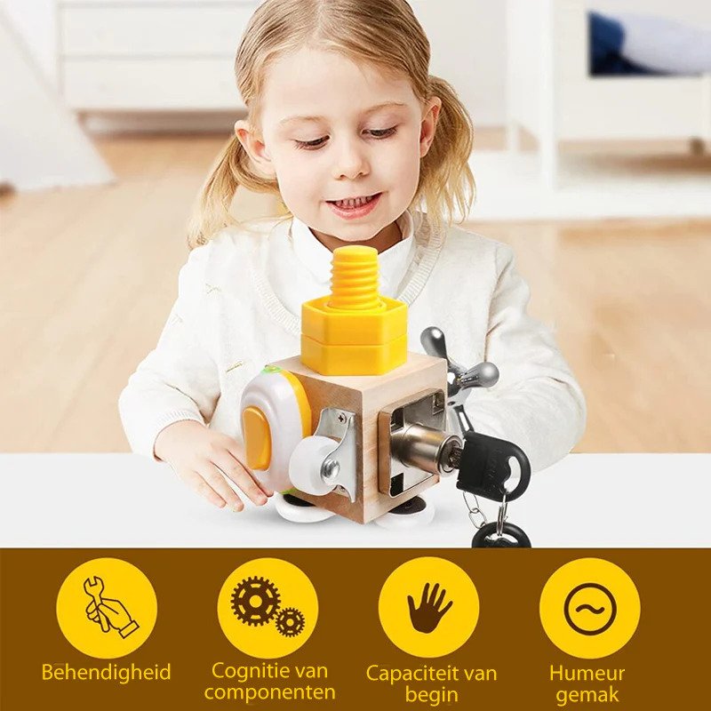 Busy cube activity toy with wood-effect panels, spinner, bell and moving parts