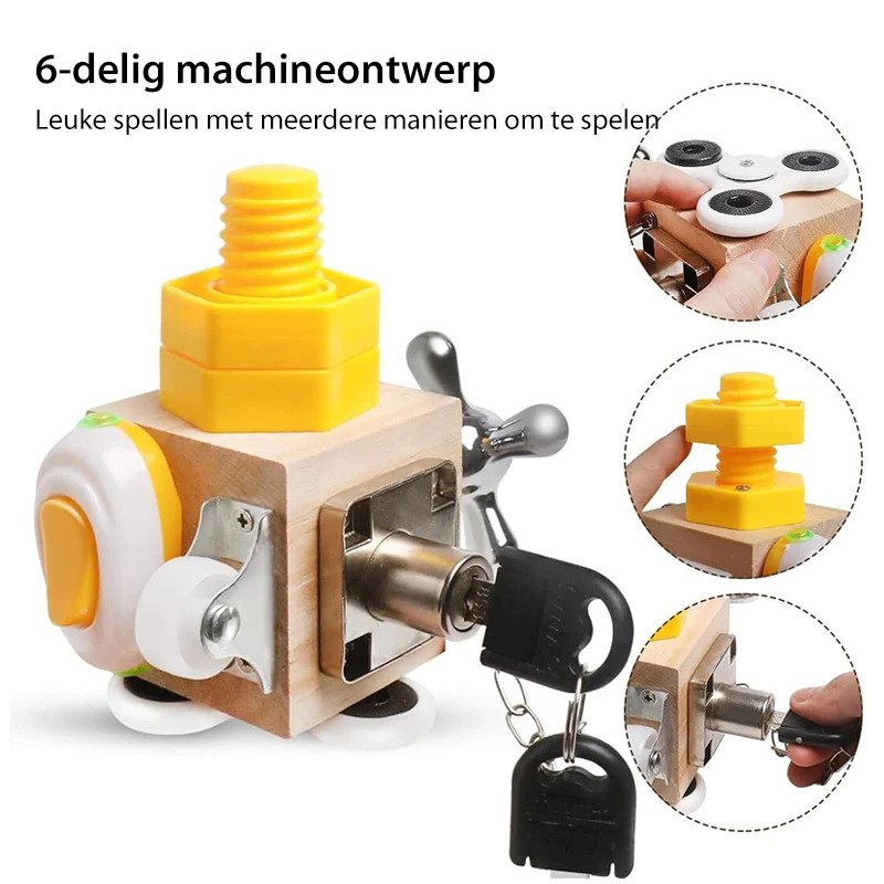 Busy cube activity toy with wood-effect panels, spinner, bell and moving parts