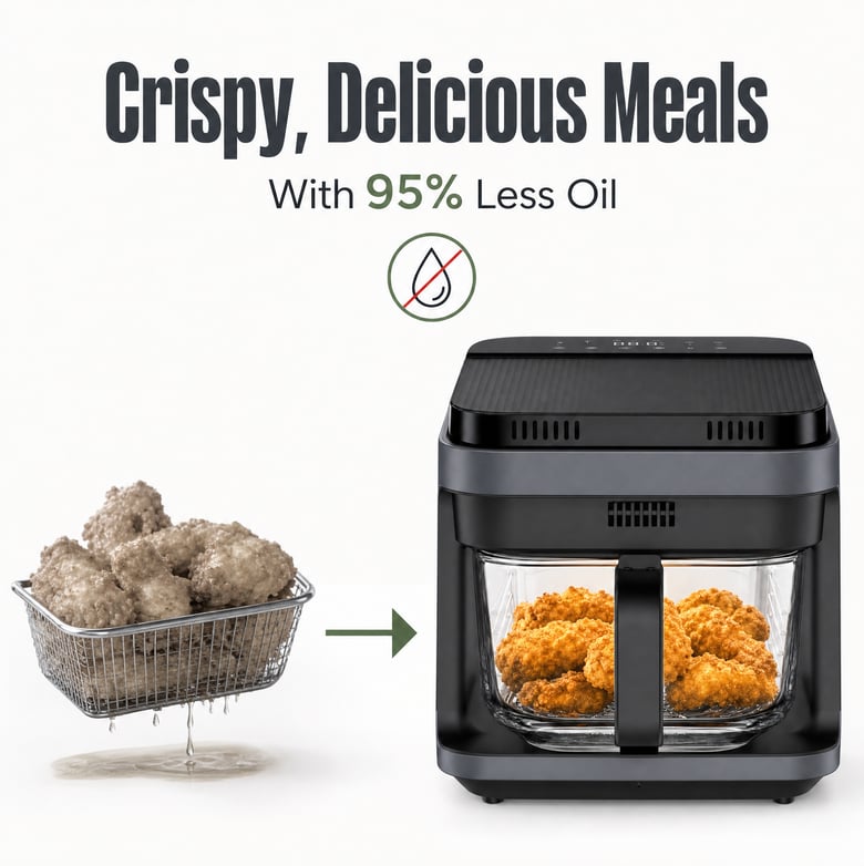 Black air fryer with clear glass basket and digital touch controls