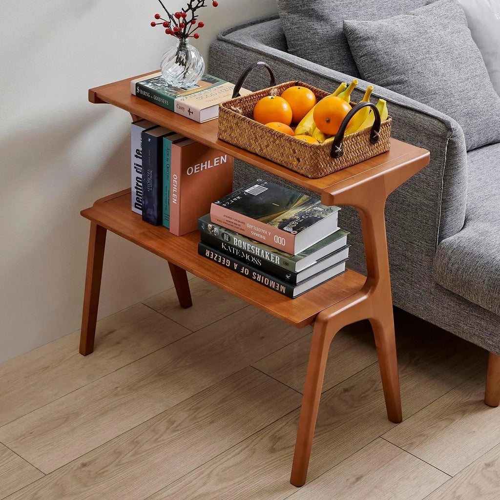 Brown two-tier wooden side table with an open lower shelf