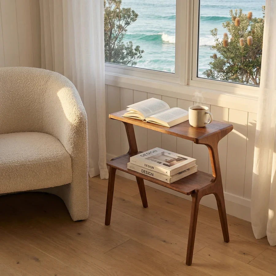 Brown two-tier wooden side table with an open lower shelf