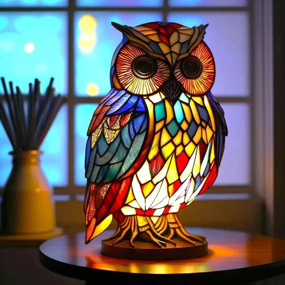 Colourful animal design table lamp with stained glass effect panels