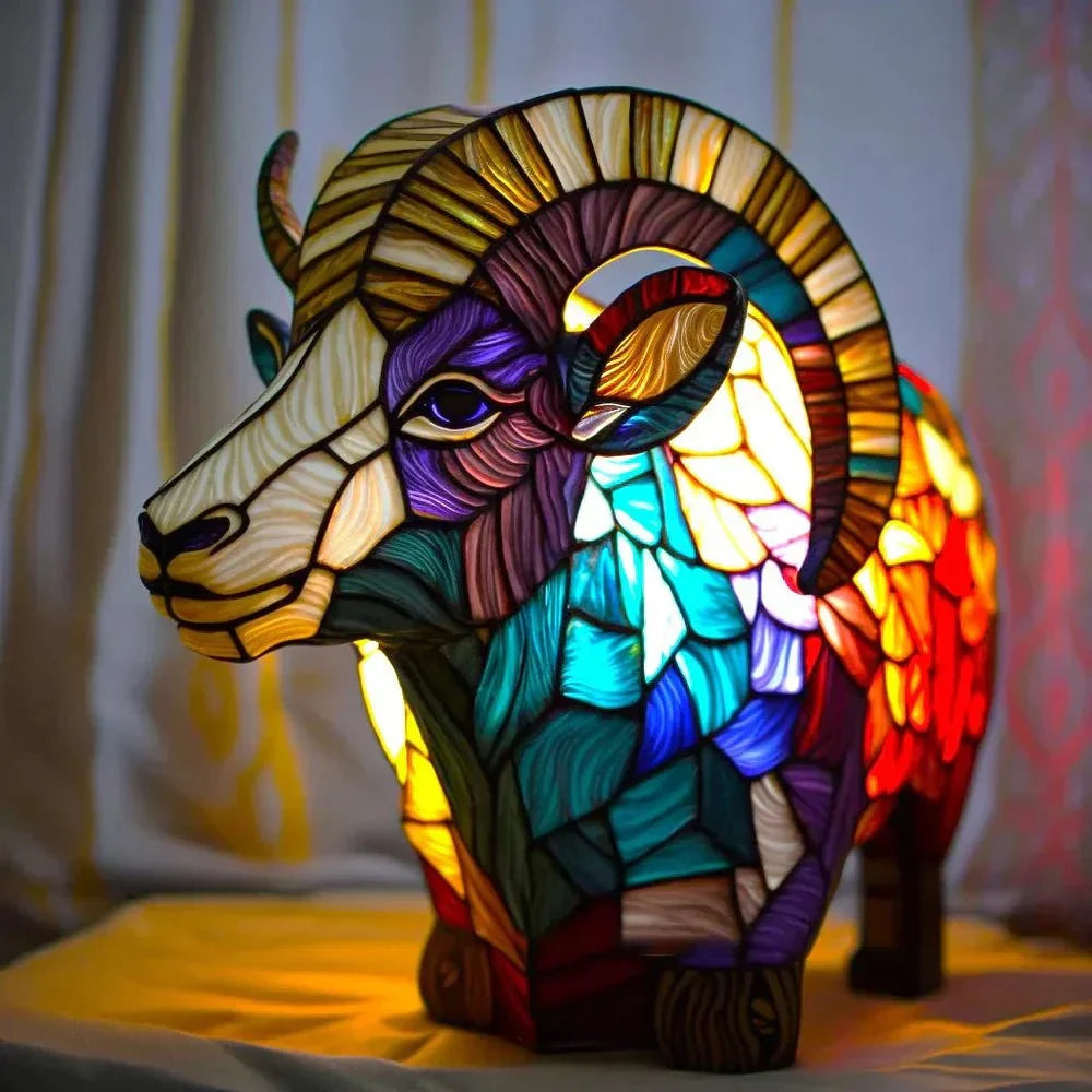 Colourful animal design table lamp with stained glass effect panels