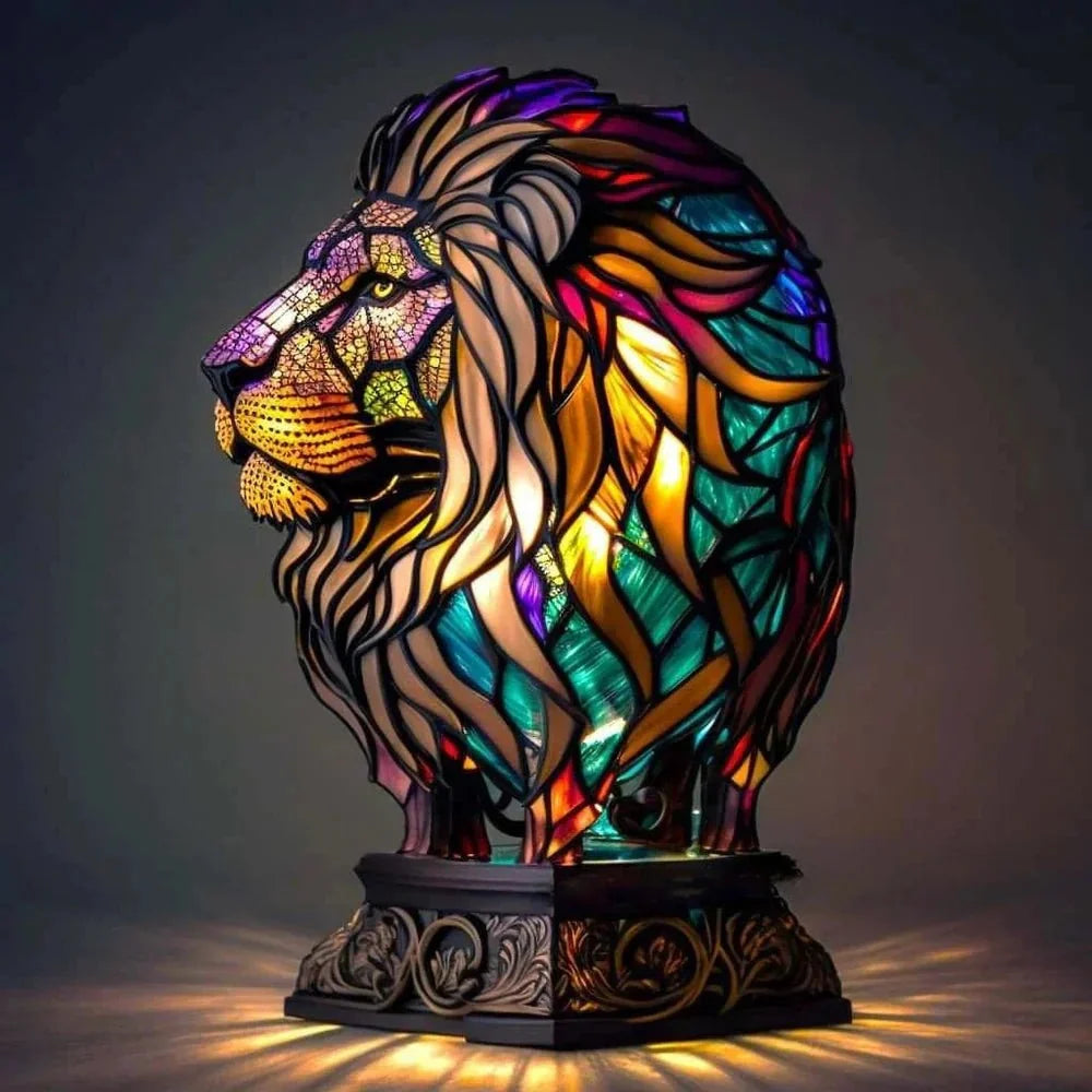 Colourful animal design table lamp with stained glass effect panels
