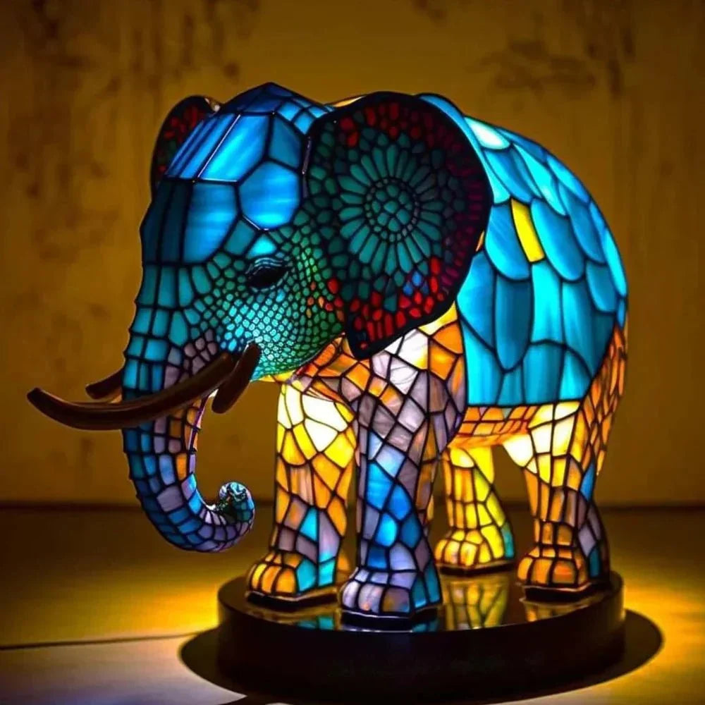 Colourful animal design table lamp with stained glass effect panels