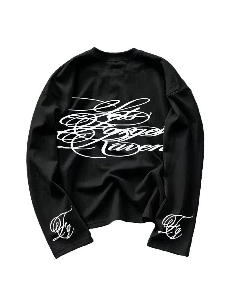 Long sleeve crew neck top with script chest and cuff prints