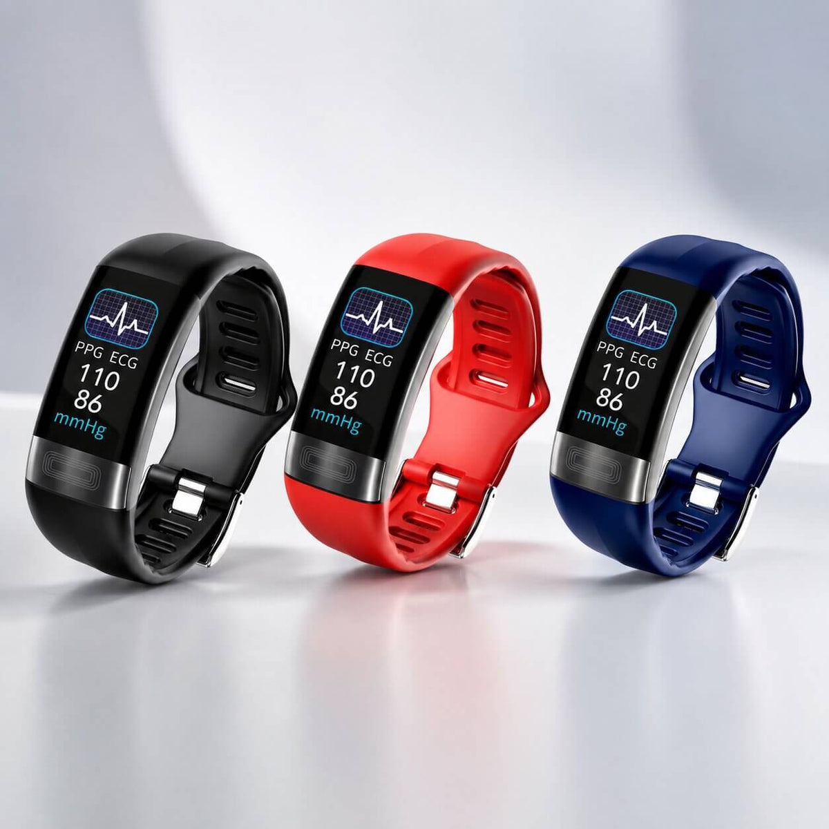 Smartwatch with digital display, perforated wrist strap and buckle fastening