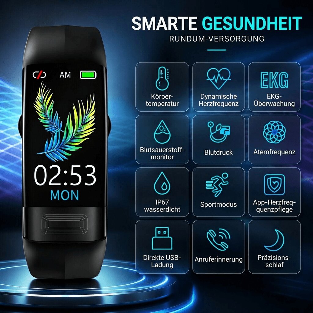 Smartwatch with digital display, perforated wrist strap and buckle fastening