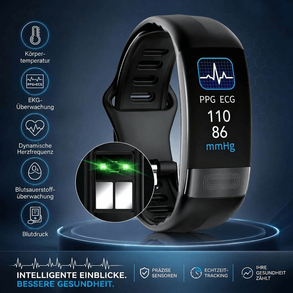 Smartwatch with digital display, perforated wrist strap and buckle fastening
