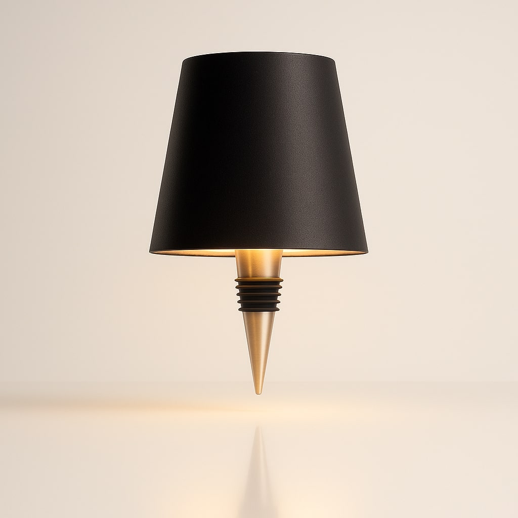 Bottle style table lamp with tapered shade and pointed decorative base