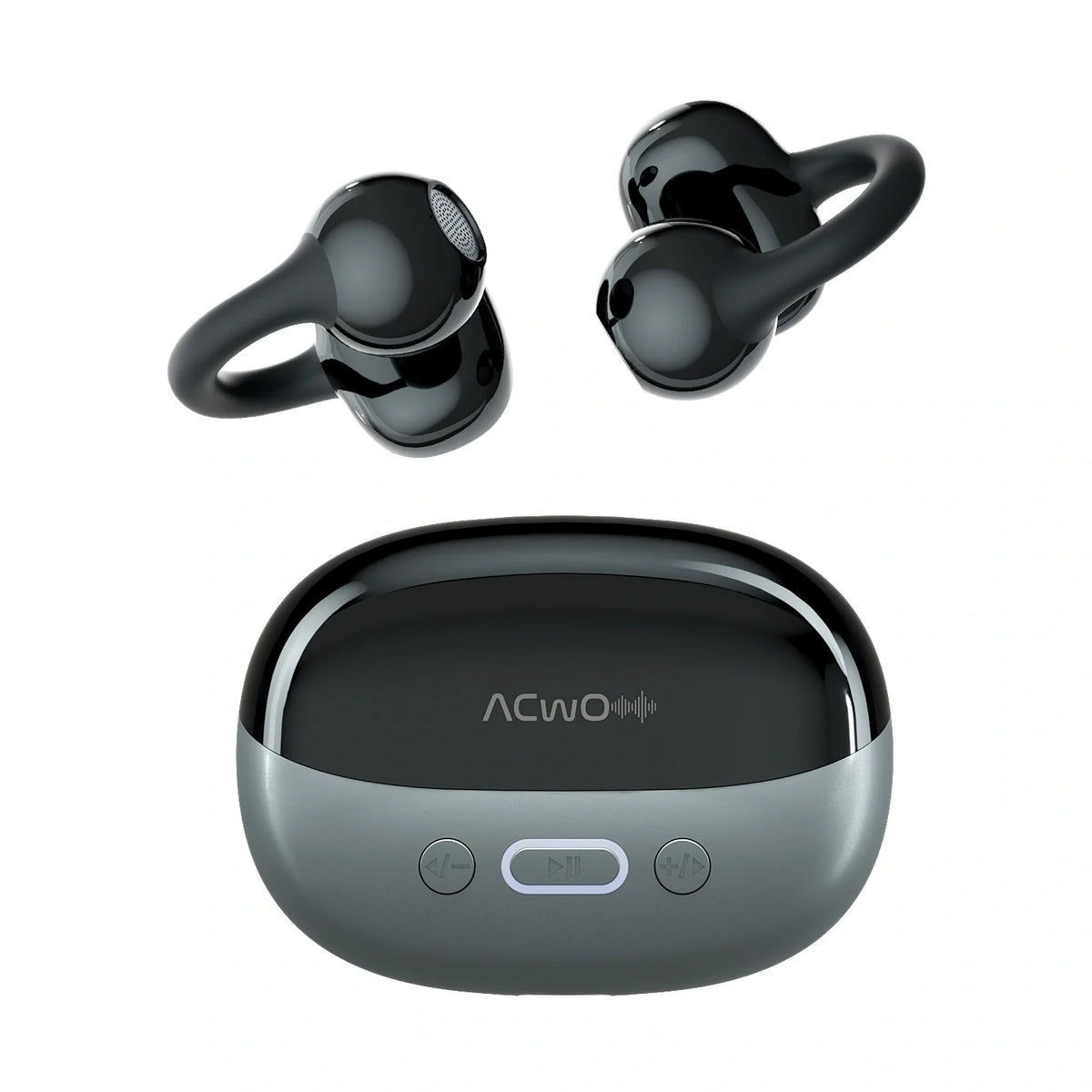 True wireless earbuds with open ear hooks and matching charging case