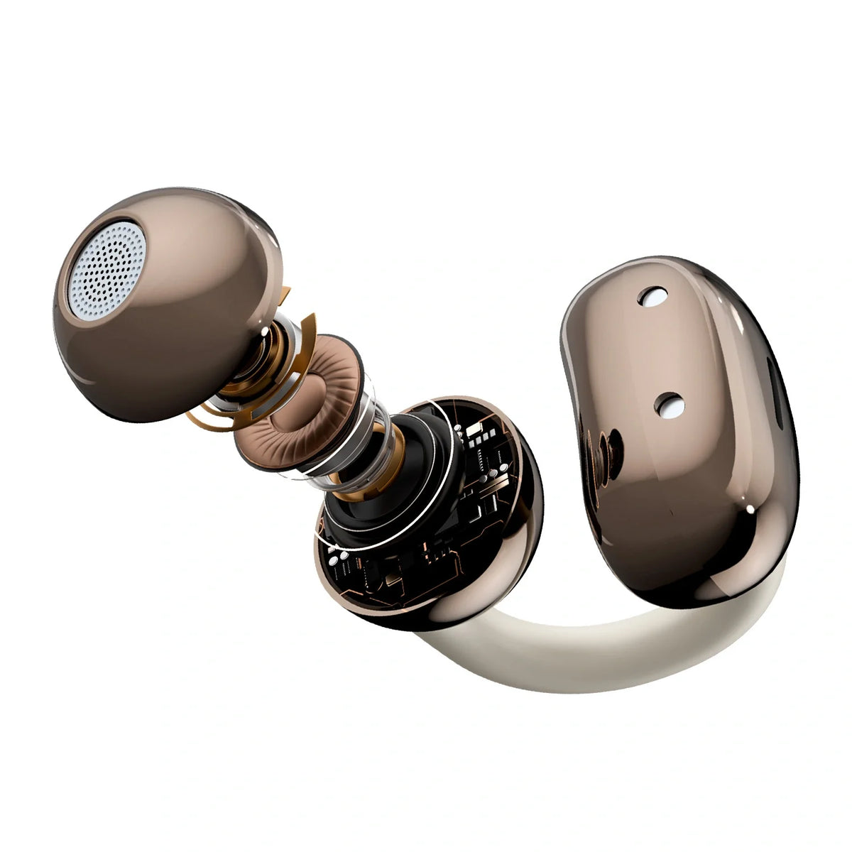 True wireless earbuds with open ear hooks and matching charging case