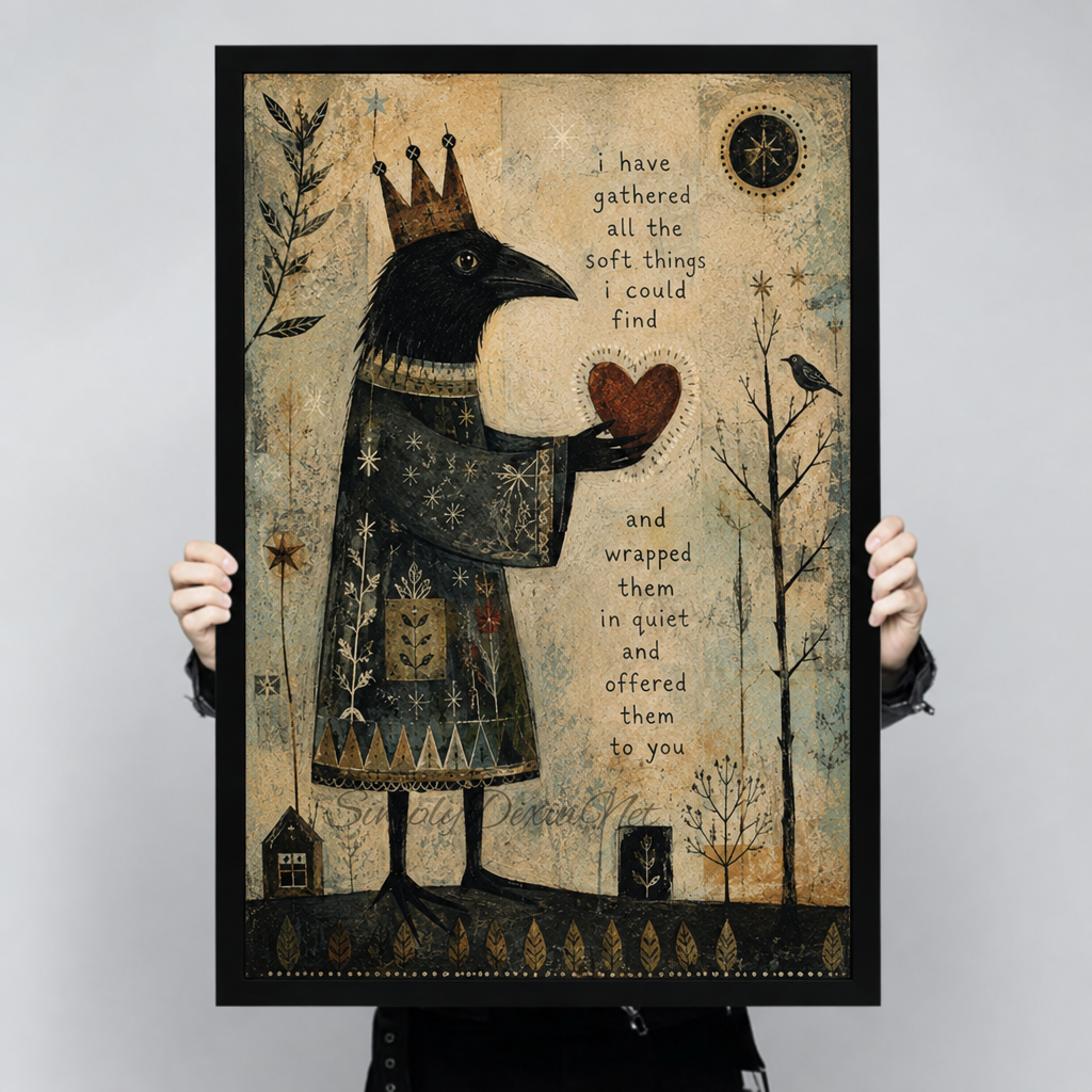 Crowned raven holding a heart on folk art canvas wall decor