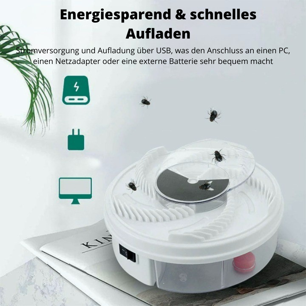 White round indoor fly trap with transparent collection chamber and front switch