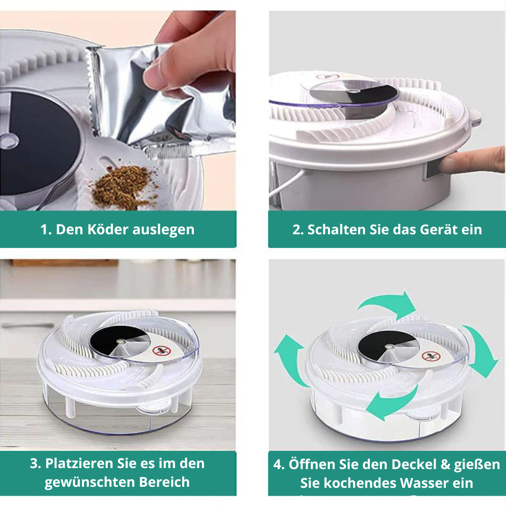 White round indoor fly trap with transparent collection chamber and front switch