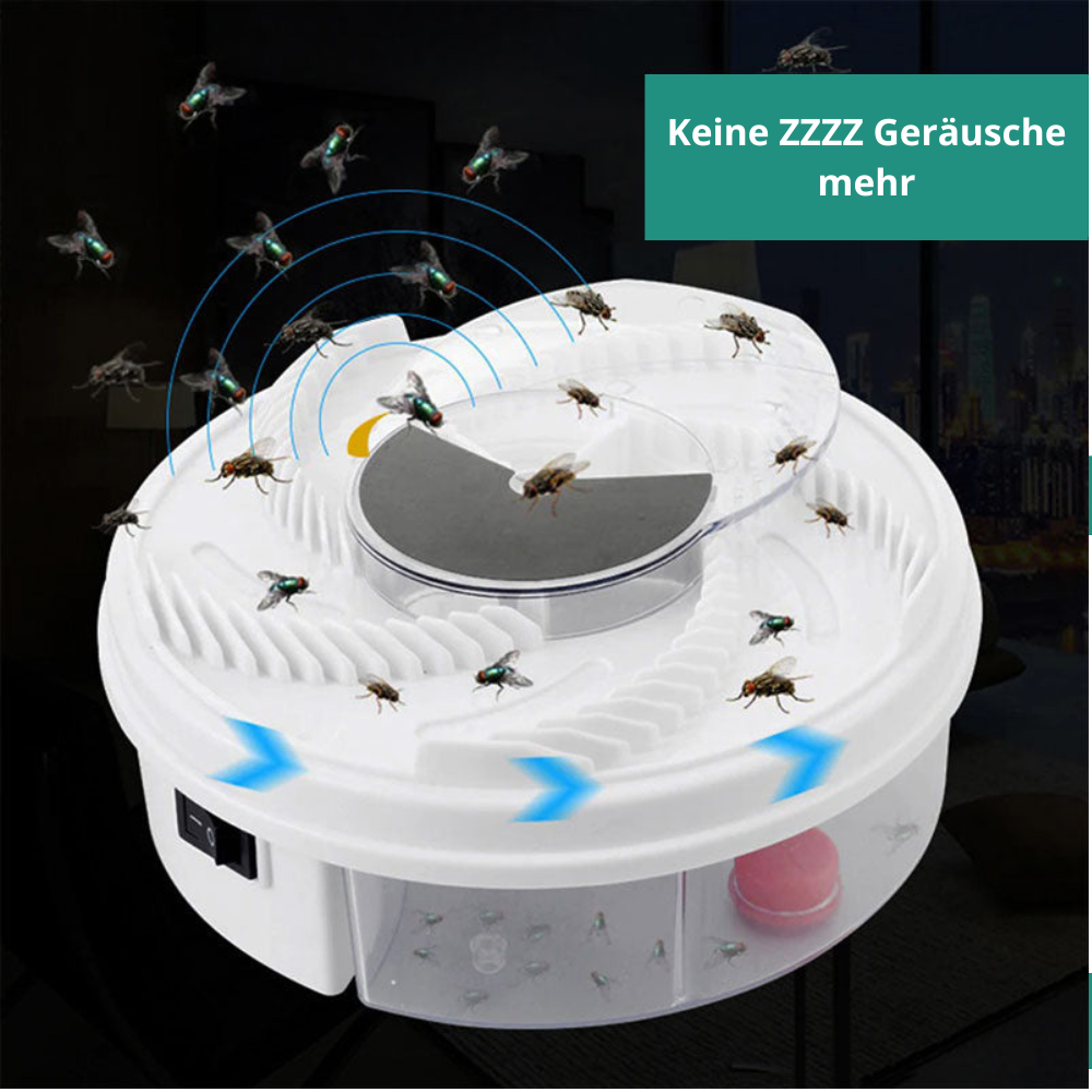 White round indoor fly trap with transparent collection chamber and front switch