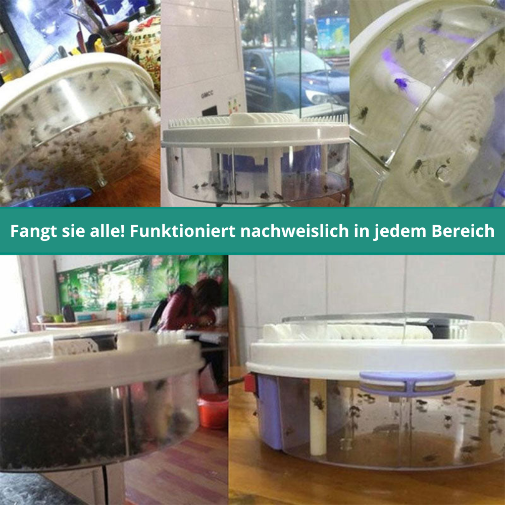 White round indoor fly trap with transparent collection chamber and front switch