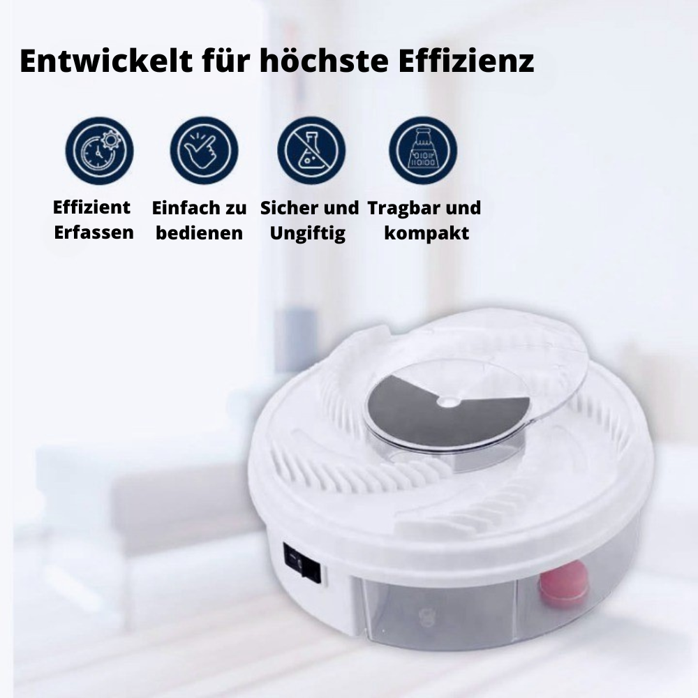 White round indoor fly trap with transparent collection chamber and front switch